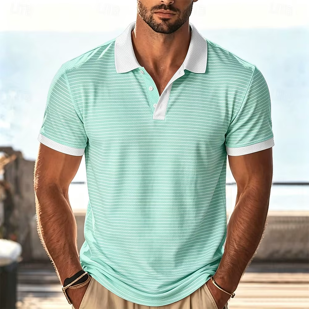 Polo à rayures horizontales bleu clair et blanc pour hommes