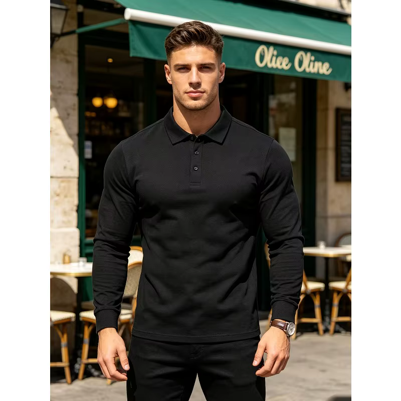 Polo polyvalent pour hommes, avec col et boutons, confectionné dans un tissu confortable, haut à manches longues.