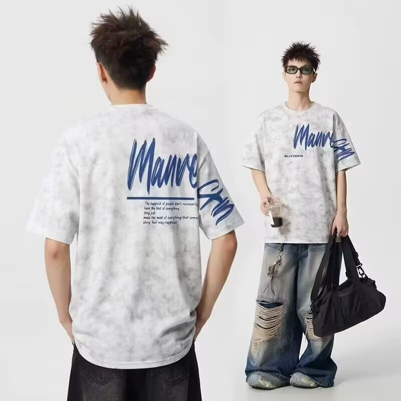 T-shirts Oversize Homme Tie-Dye Imprimé Lettres Vintage Décontractés Style Rétro Streetwear Y2K Mode Été 2026