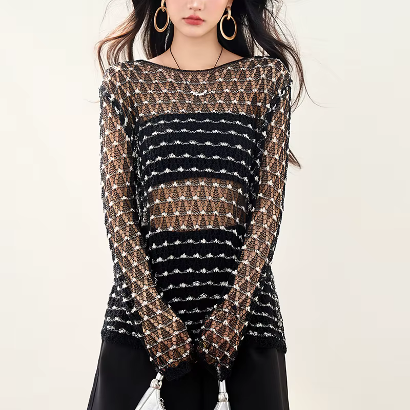 Hauts transparents chemises femmes 2025 nouvel été col rond à manches longues au crochet découpé tricoté