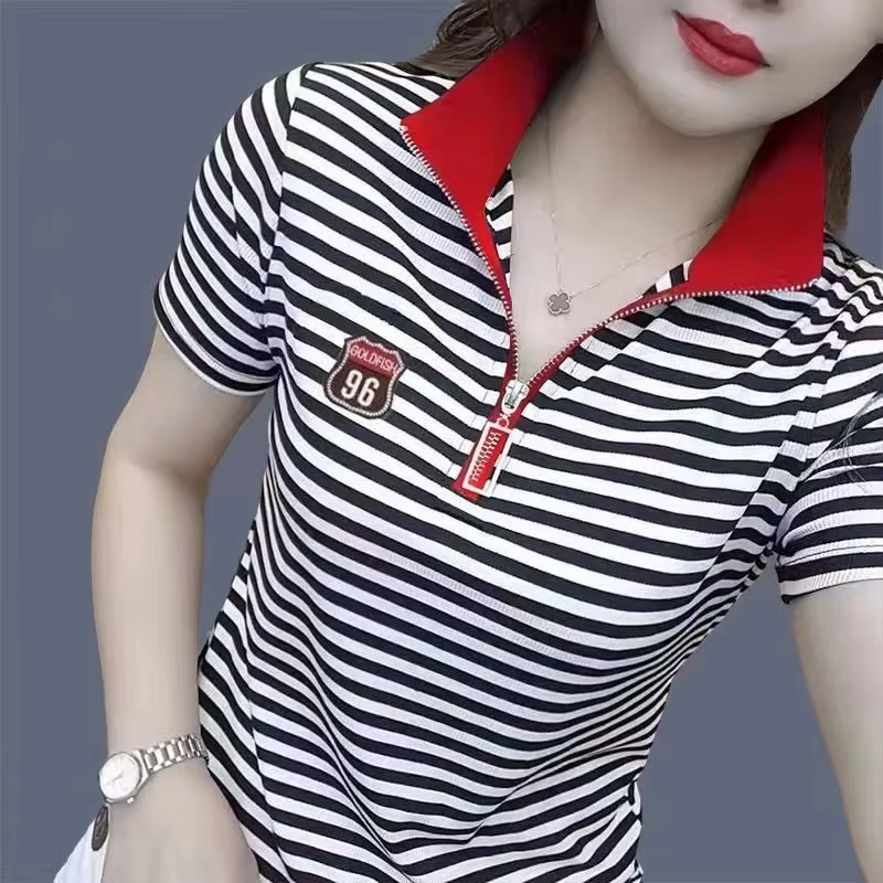 Polo col chemise pour femmes graphique Baggy femme T rayé vêtements