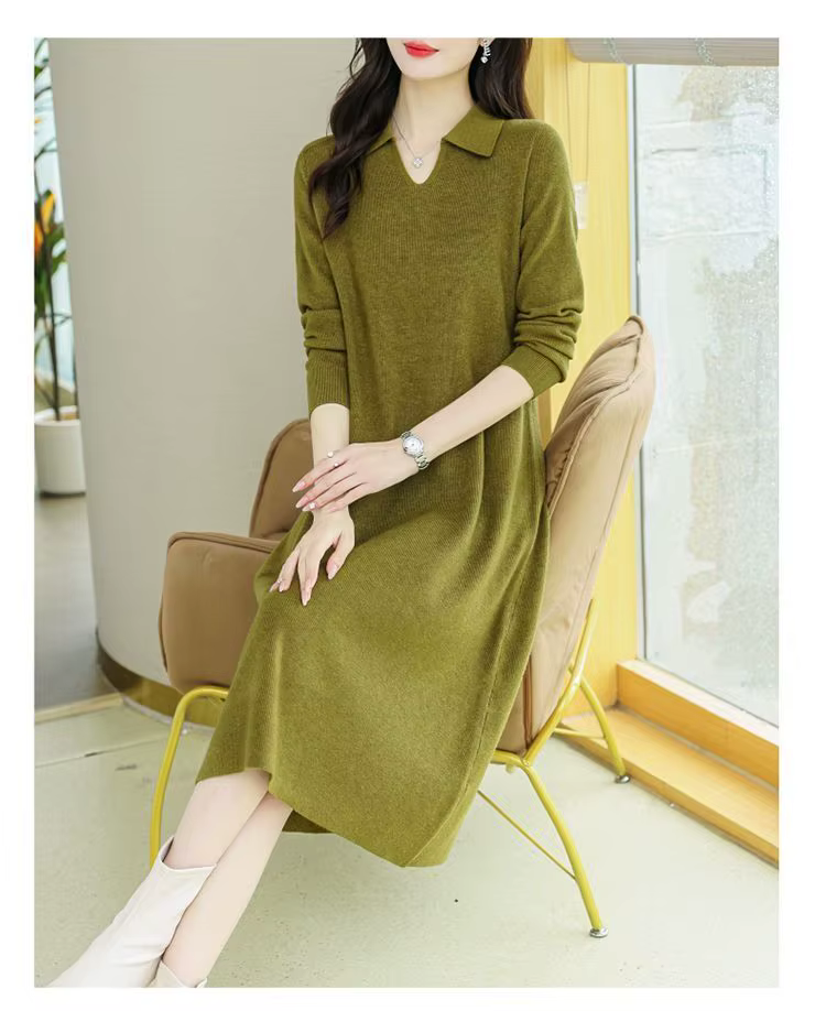 Robe verte en tricot à manches longues et col Polo pour femme