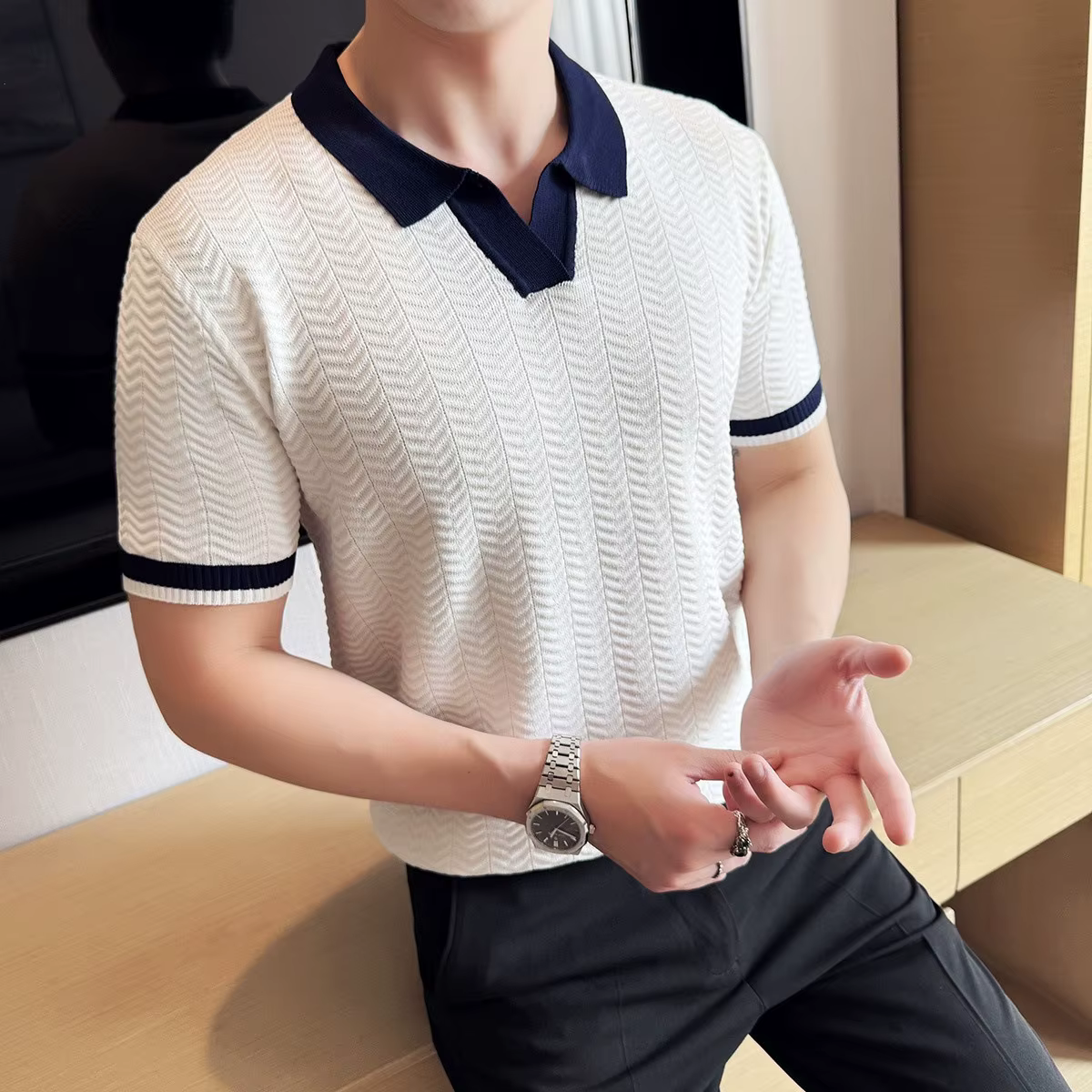 Mode nid d'abeille Texture contraste couleur t-shirts hommes tricotés polos été à manches courtes mince hauts élastique