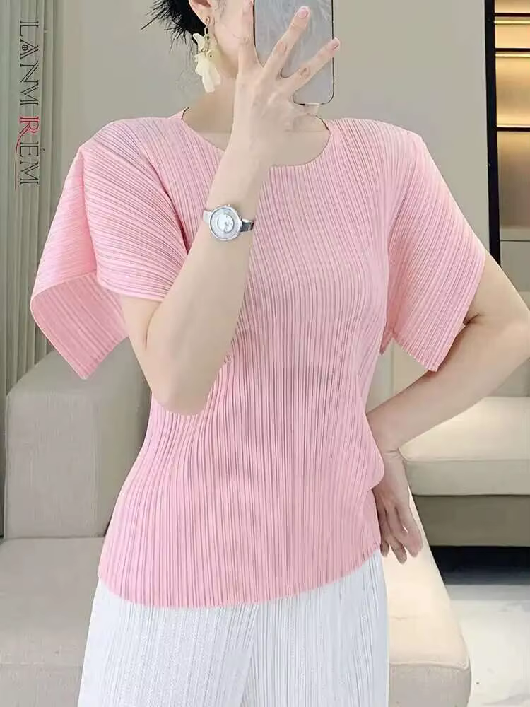 LANMREM 2025 été haut plissé femmes décontracté couleur unie Simple mode col rond manches courtes fendu pli T-shirt 2DB2634