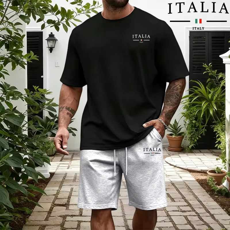 Ensemble Homme Mode Italienne : T-shirts en Coton Pur et Shorts Longueur Genou – Tenue Décontractée Sportive Quotidienne d'Été