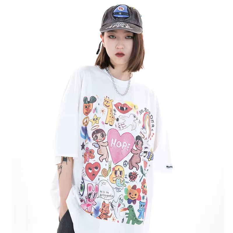 Hommes T-Shirt surdimensionné Hip Hop Streetwear peinture lettre coeur arc-en-ciel anges graphique