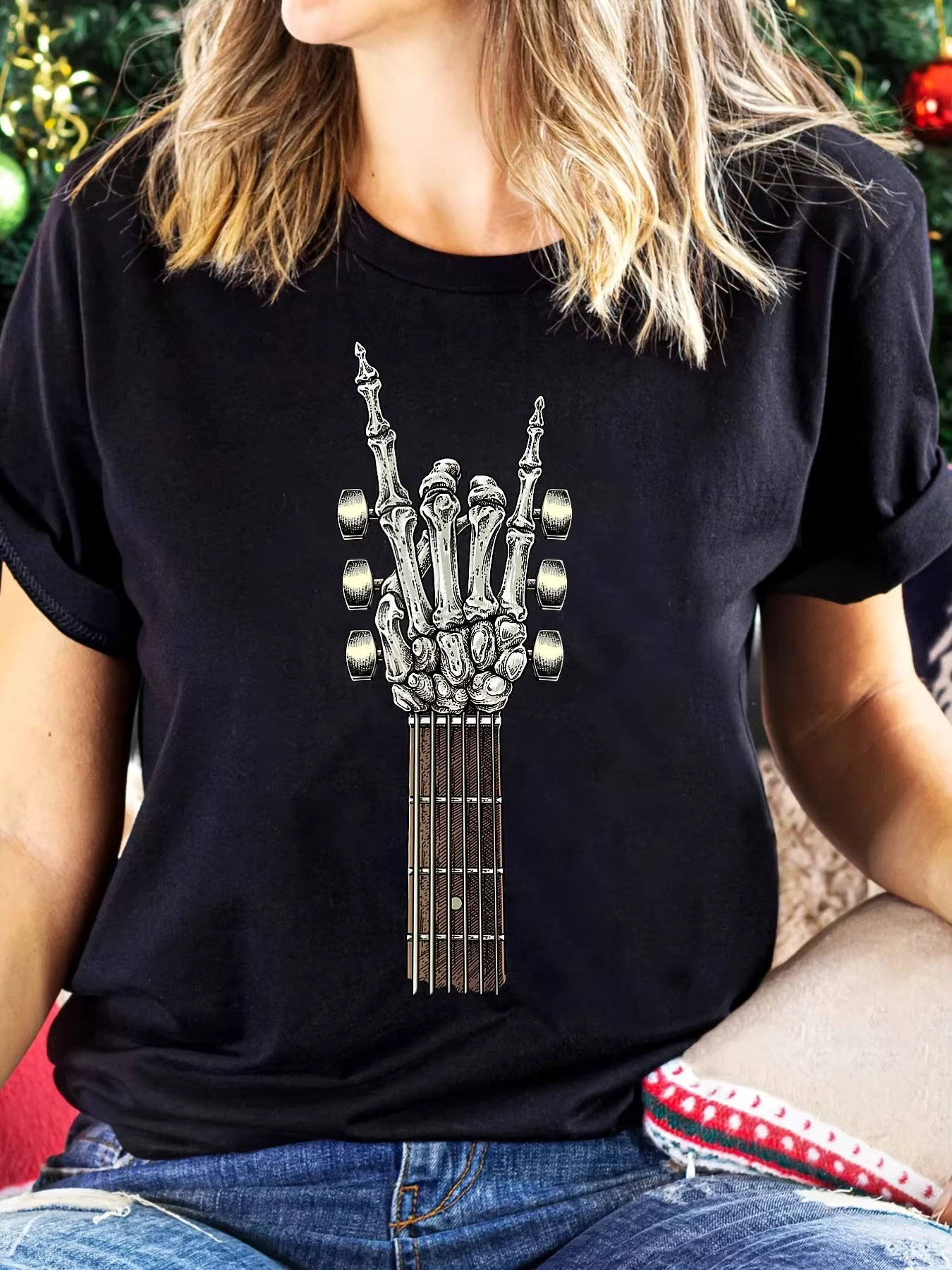Rock sur guitare imprimé col rond T-shirt printemps été Harajuku manches courtes haut décontracté Vintage graphique vêtements pour femmes
