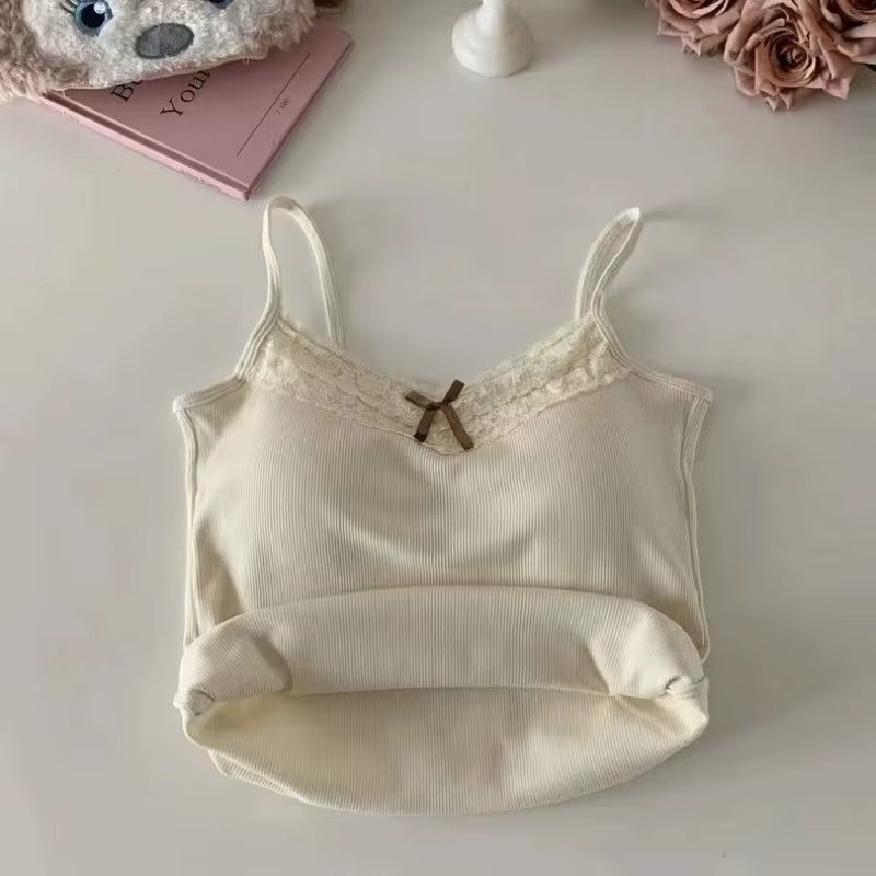 Femmes Camisole débardeurs Sexy nœud sans manches haut Corset avec coussin de poitrine doux dentelle Patchwork culture hauts été mince élégant Camis
