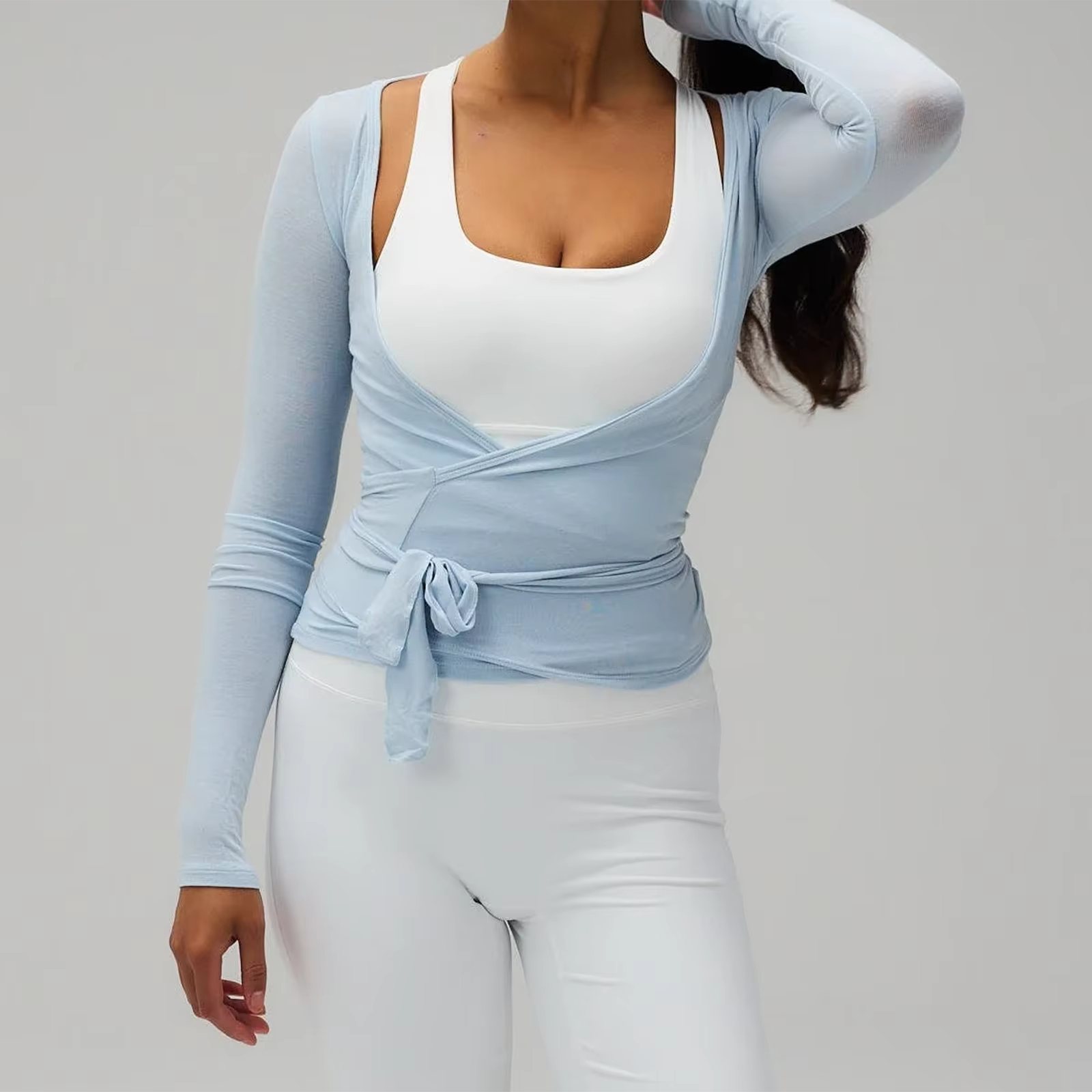 Femmes Yoga Wrap cravate hauts Y2k solide à manches longues coupe ajustée culture