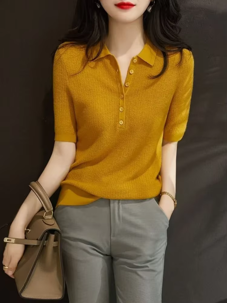 Chemise à col Polo jaune bouton tricoté rose t-shirts pour femmes haut uni vêtements t-shirt à manches courtes nouvelle esthétique synthétique été 2025