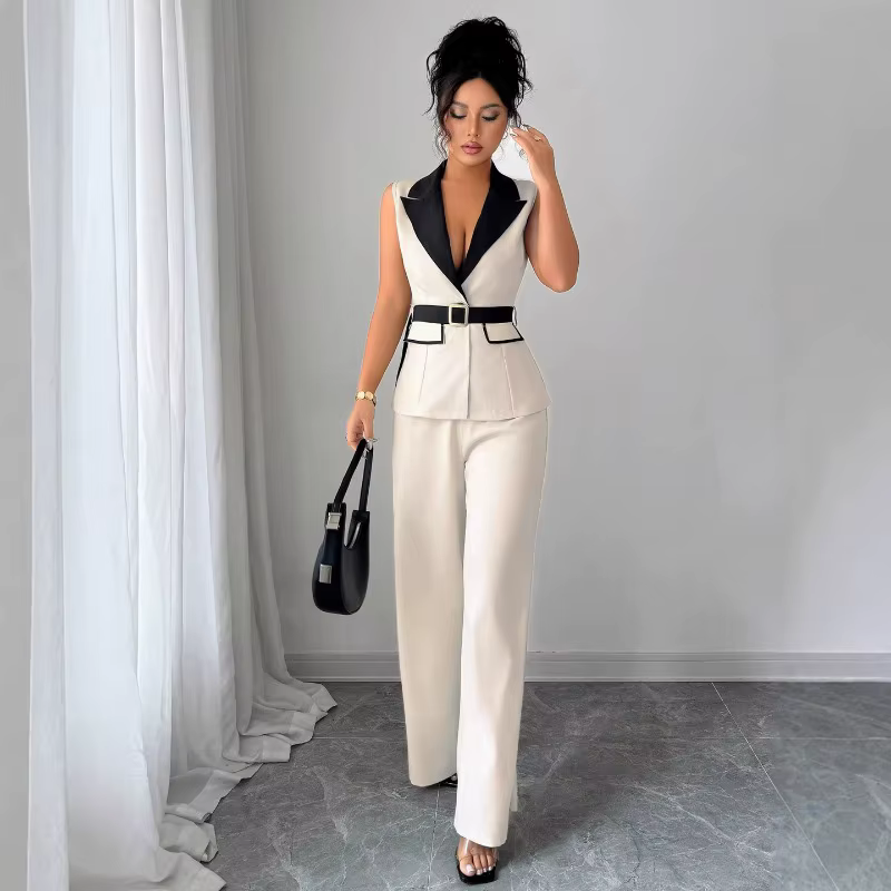Ensemble pantalon large et gilet blazer élégant sans manches pour femme avec ceinture