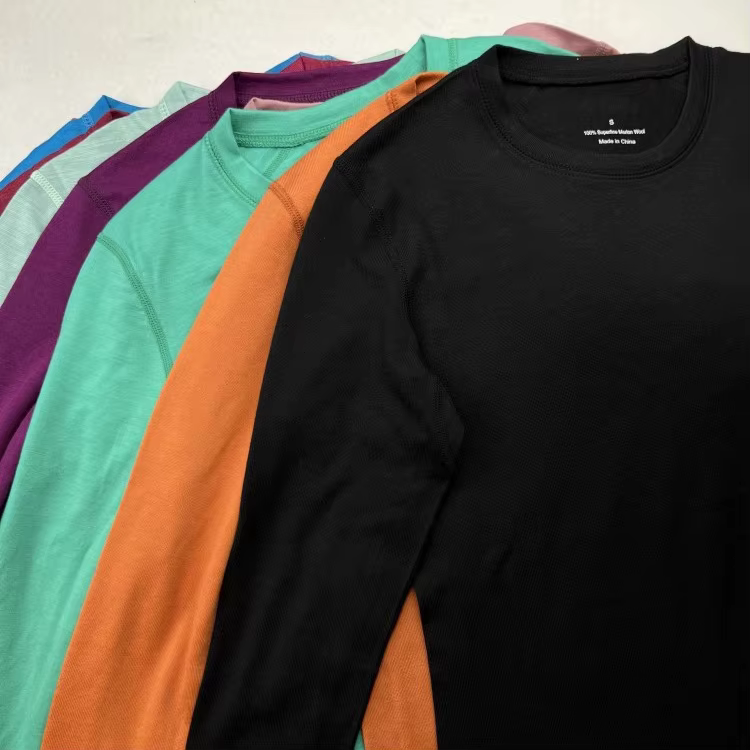 T-shirt à col rond 100% laine mérinos pour femmes Chemises à manches longues