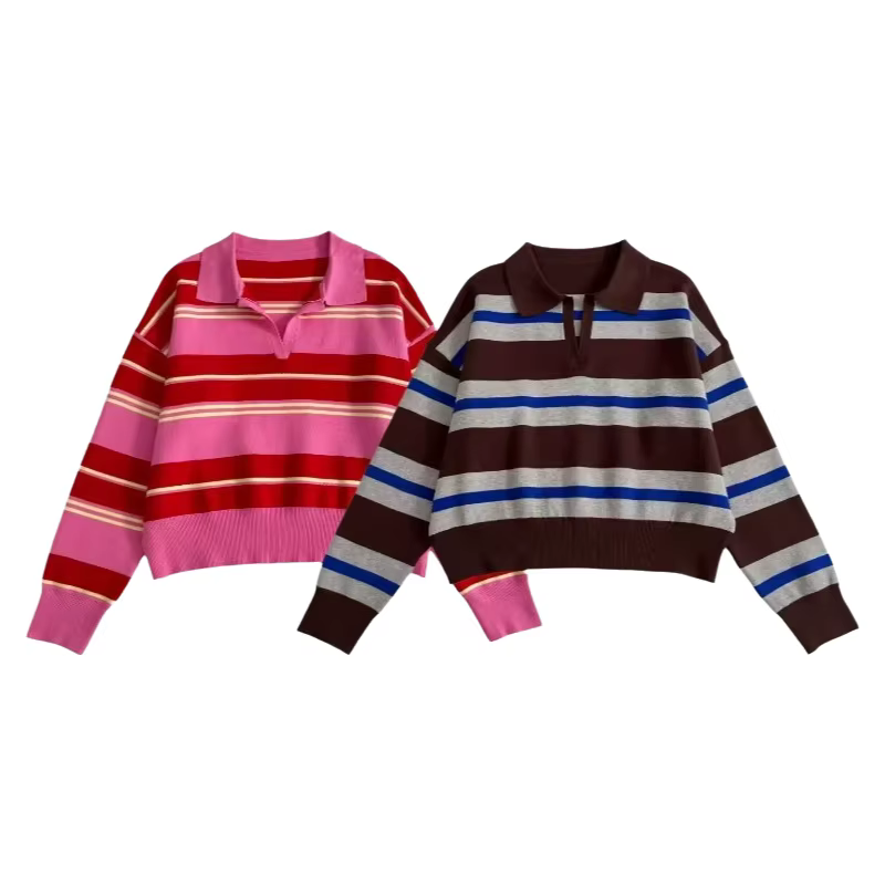 Polo à manches longues en tricot rayé pour femme