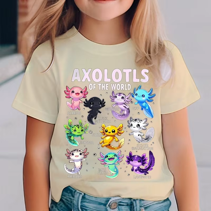 Dessin animé coloré Axolotls graphique impression 3D T-Shirt été décontracté confortable filles vêtements 2-10Y