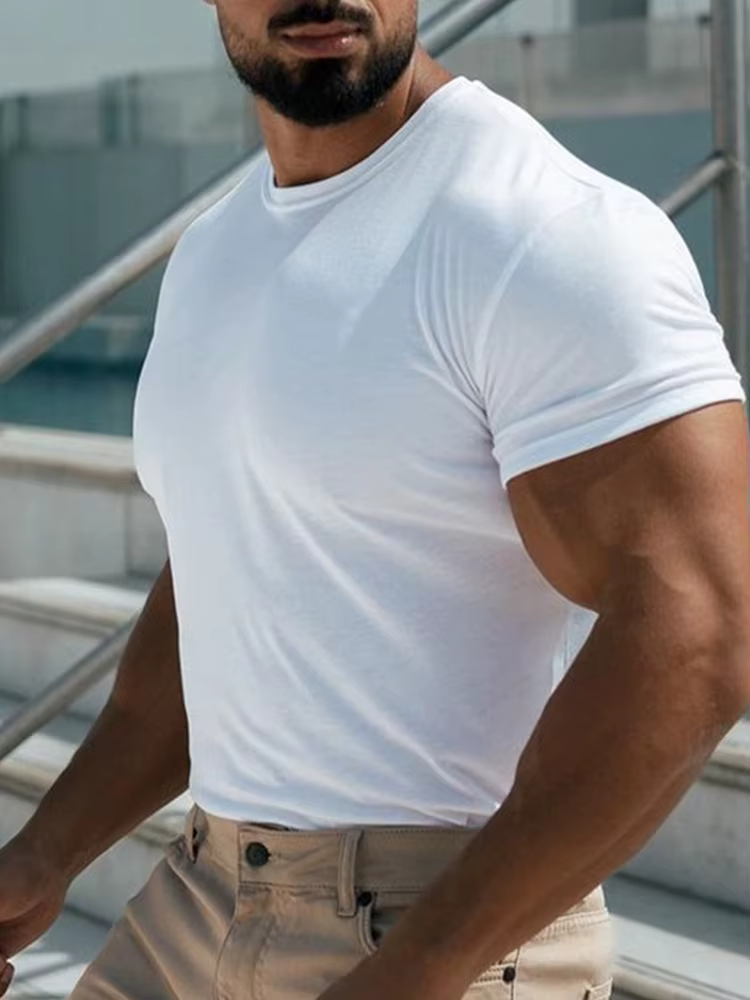 T-shirt d'Entraînement à Manches Courtes pour Homme, Haute artificiel asticité, Coton Respirant, vaccage Rapide, Col Rond, Couleur Unie, Y-Quality