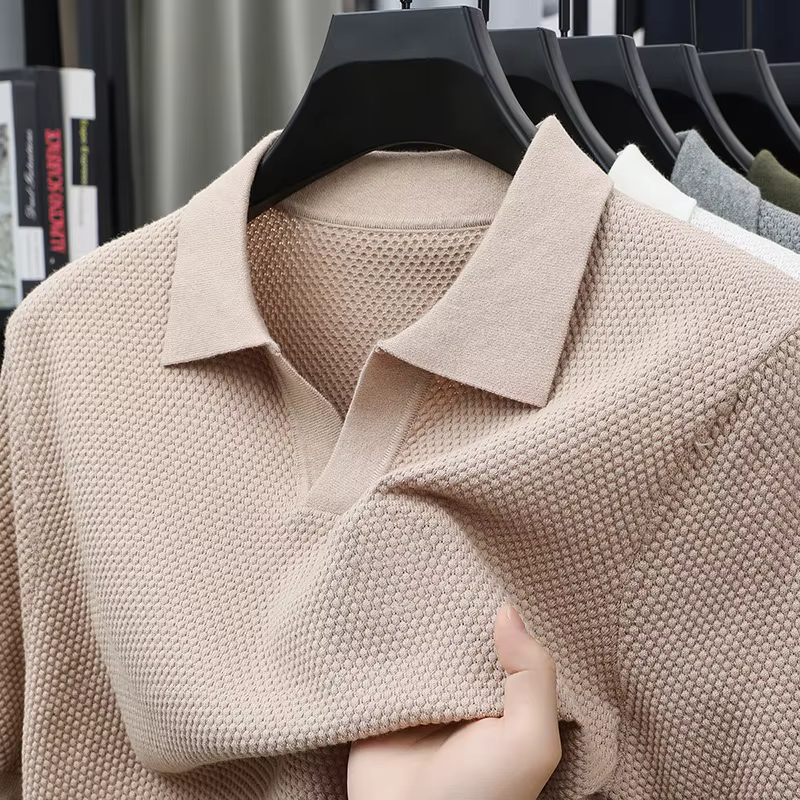Polo en coton tricoté 100 % pour homme – Col en V à manches courtes