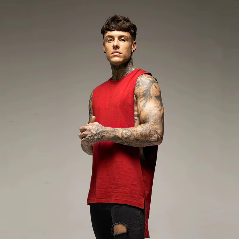 Chemise de sport en coton pour hommes, haut de sport, vêtements de fitness d'été, chemise d'entraînement, chemise longue pour hommes, Hip Hop