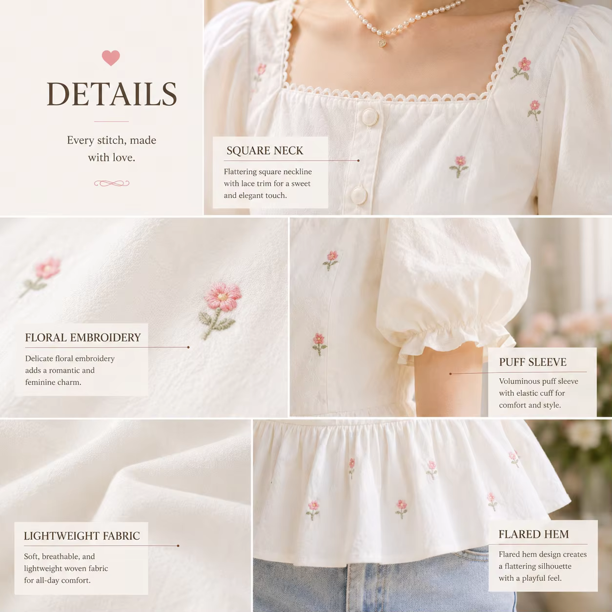 Chemisier floral pour femme à col carré et manches bouffantes, style peplum, coupe ajustée, style babydoll, manches courtes, idéal pour l'été, style cottagecore