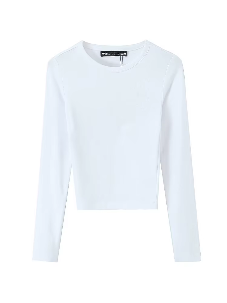 T-shirt Femme Printemps Mode Casual Slim Style Urbain Élégant Col Rond Manches Longues Chic Uni 3 Couleurs Hauts Courts