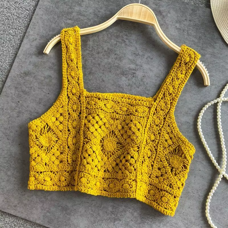 Femmes Crochet Sans Manches Récolte pour Débardeur Rétro Tricot Plaid Col Carré Pull 6XDA