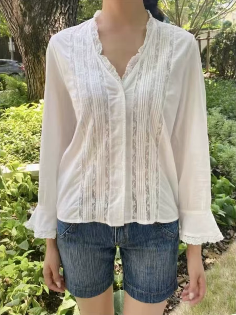 T-Shirt à volants en dentelle blanche pour femmes