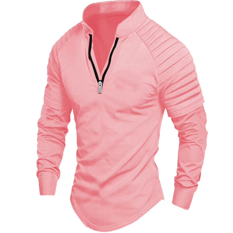 2025 printemps automne hommes Polo mode bras plissé conception à manches longues col montant fermeture éclair haut