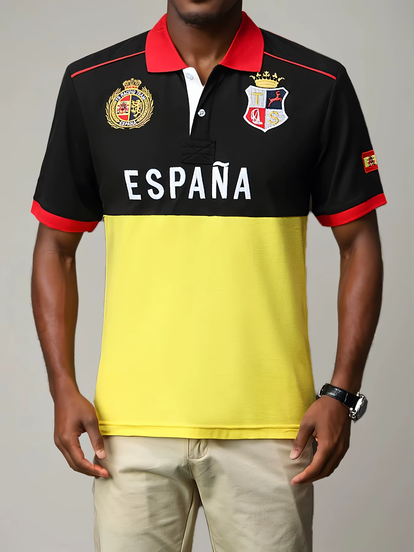 Polo Homme Espagne Manches Courtes Coton Brodé avec Fente Couleur Contrastante Design Original Loisirs Sport Fête