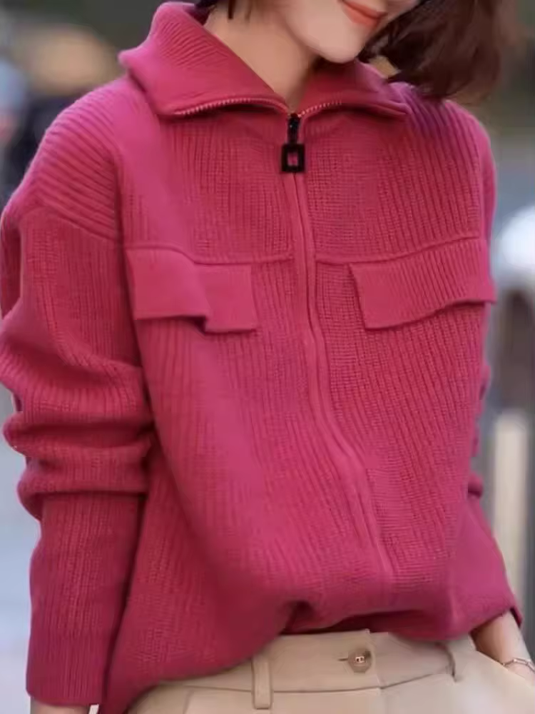 Nouveau 100% pur cachemire cardigan en automne et en hiver femmes col POLO cachemire rose rouge manteau tricoté pull à capuche