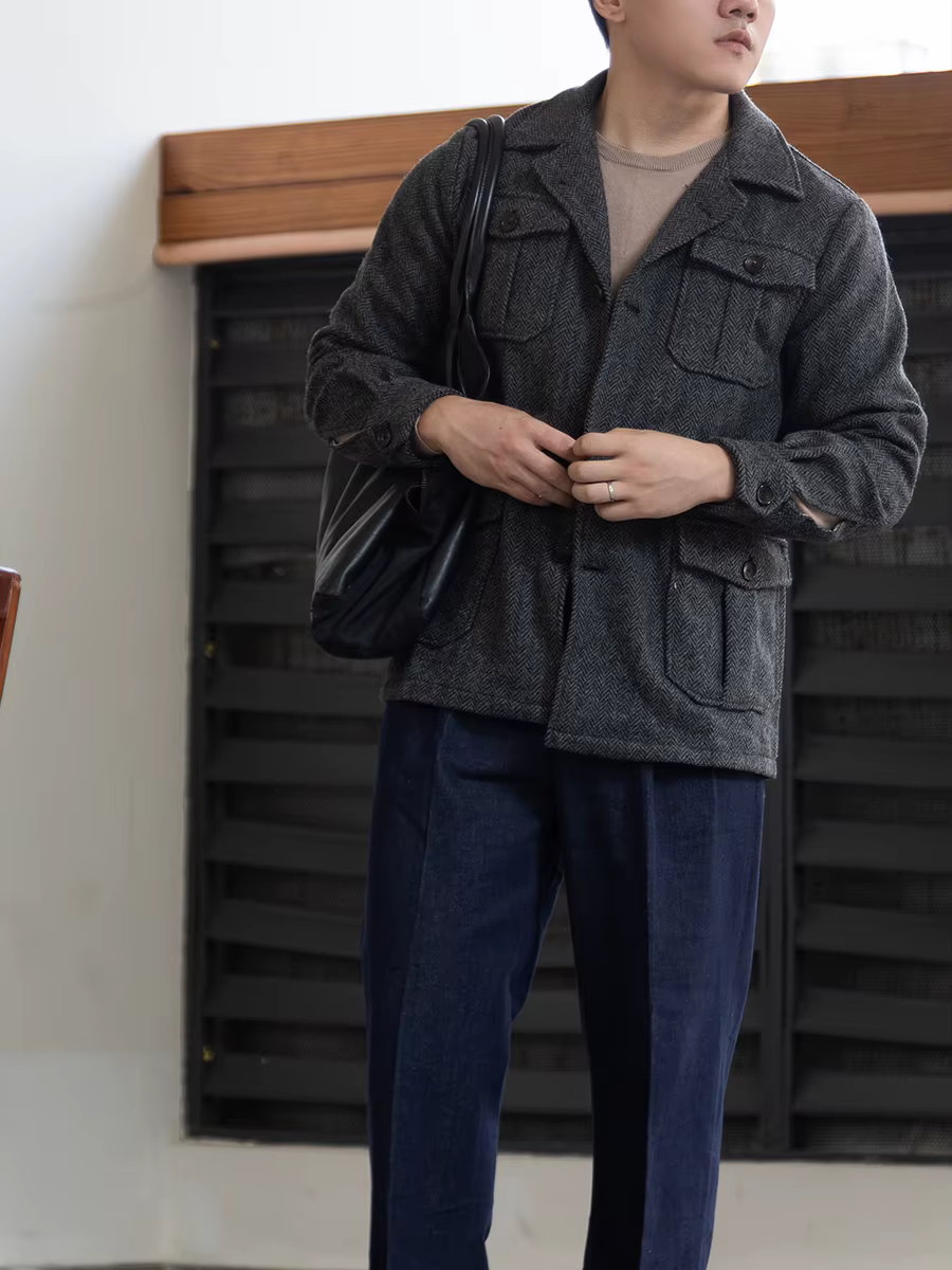 Veste de chasse en tweed à os de poisson en pure laine faite maison