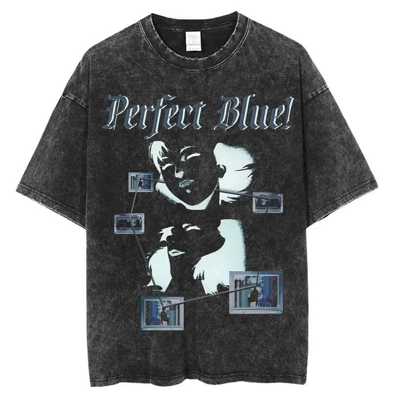 Anime japonais parfait bleu T-shirt hommes femmes vêtements Vintage lavé surdimensionné