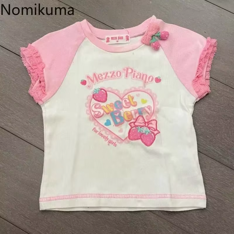 2025 Ropa Mujer femme t-shirts broderie fraise culture hauts à manches courtes col rond
