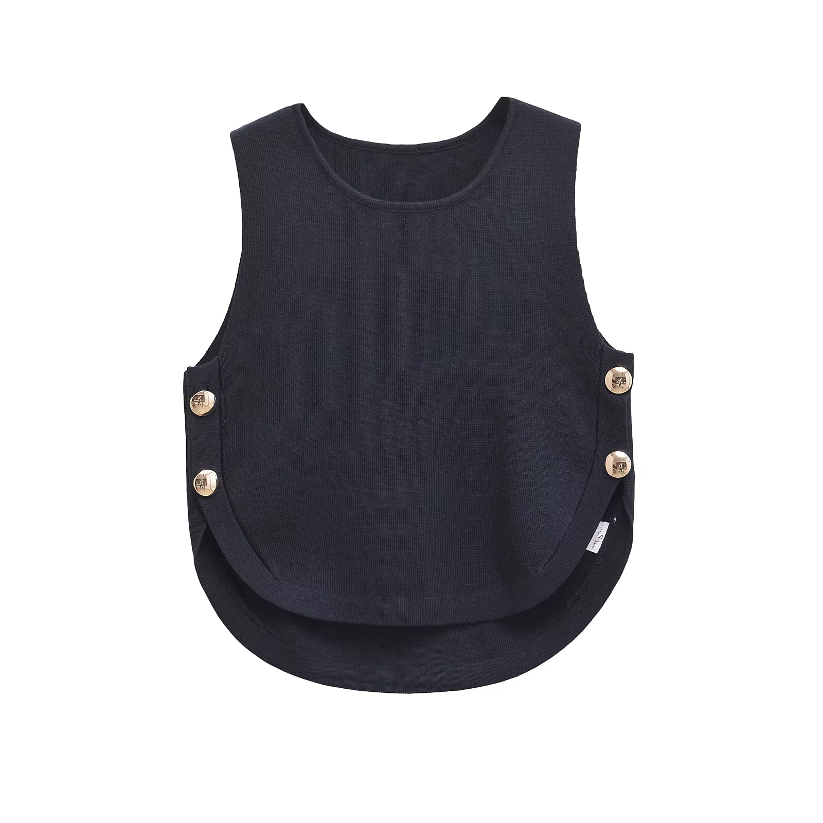 2025 Haut sans manches chic pour femme avec boucles latérales Ourlet asymétrique Haut court décontracté à col rond