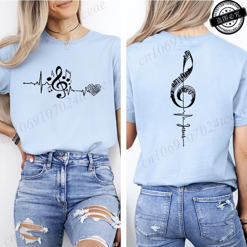T-shirt imprimé avec notes musicales pour femmes, t-shirts graphiques avec motif de battement de cœur, vêtements esthétiques pour femmes, cadeau pour musicien