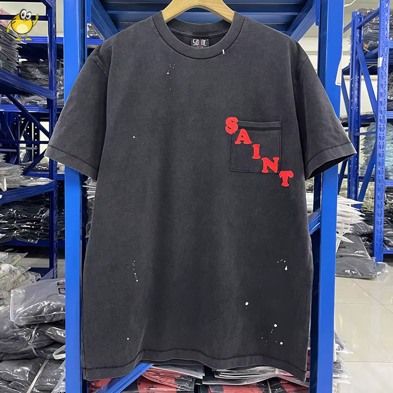 Poche SAINT Logo t-shirts hommes femme Vintage ample lavé à manches courtes noir col rond Streetwear bonne qualité haut