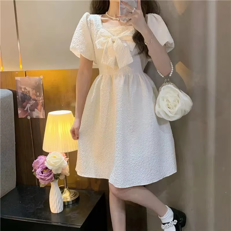 Robe blanche dégradée à manches bouffantes décontractées pour femmes