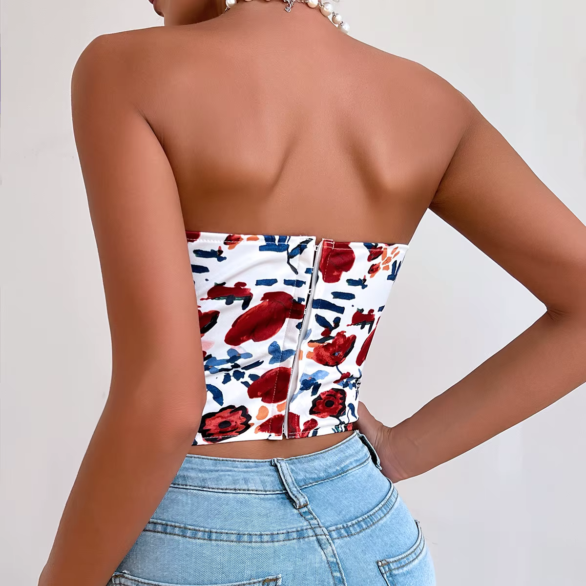 2025 Sexy Hors Épaule Spicy Girl Débardeur Coupe Basse Dos Ouvert Fleur Imprimé Corsets Camis High Street Fishbone Bustier Crop Tops