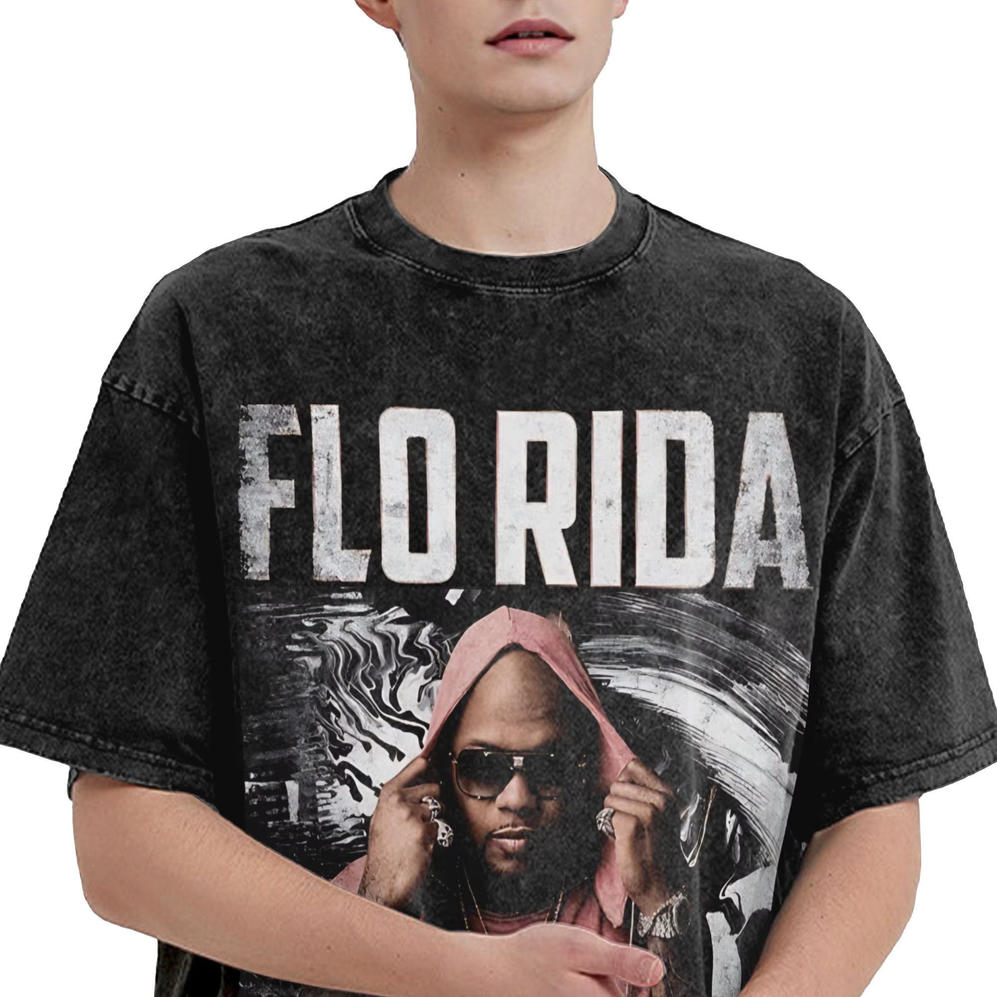 T-shirt délavé pour homme et femme, style hip hop, Flo Rida, Harajuku, été