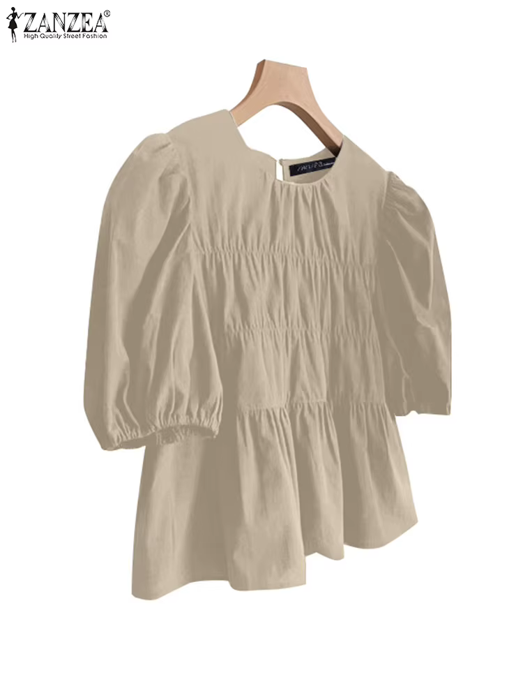 ZANZEA femmes chemisier à volants à manches courtes été hauts 2025 décontracté couleur unie tunique femme col rond plissé Blusas surdimensionné