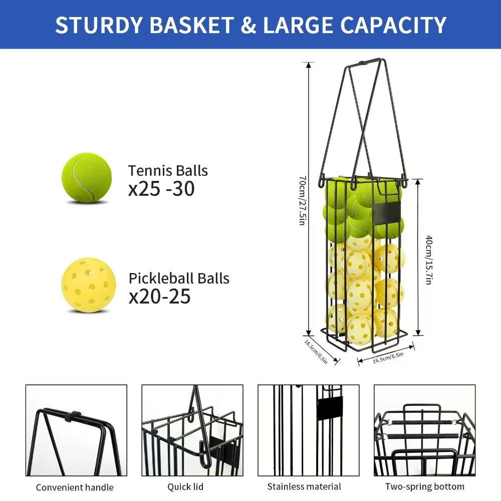 Ramasseur de Pickleball noir, poignée ergonomique supérieure, collecteur de balles de Tennis de grande capacité, Portable avec couvercle, trémie de balle de Tennis