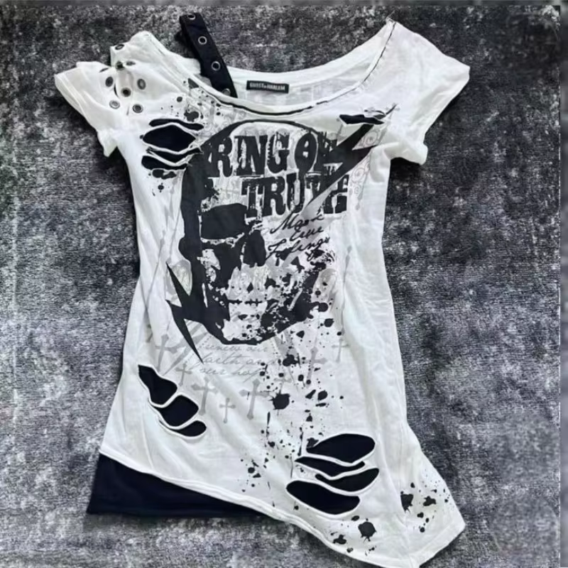 Gothique t-shirts à manches courtes crânes décontracté Punk Hip Hop rue hottie Femme t-shirt graphique t-shirts Vintage vêtements 2000s femmes haut