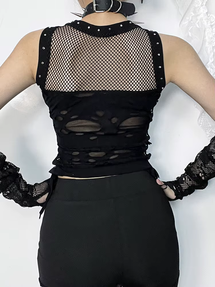 Centre commercial gothique gilet femmes Sexy trou voir à travers à lacets culture débardeurs Streetwear Cyber Punk