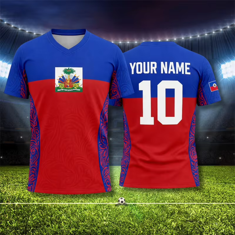 T-shirt de football Haïti 2026 pour hommes – Vêtement sportif à séchage rapide avec logo drapeau haïtien