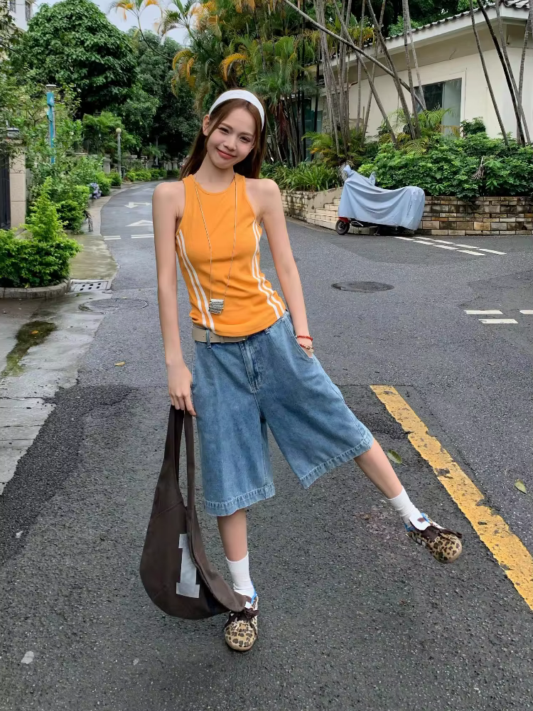 Débardeur côtelé orange vif à rayures contrastées pour femme