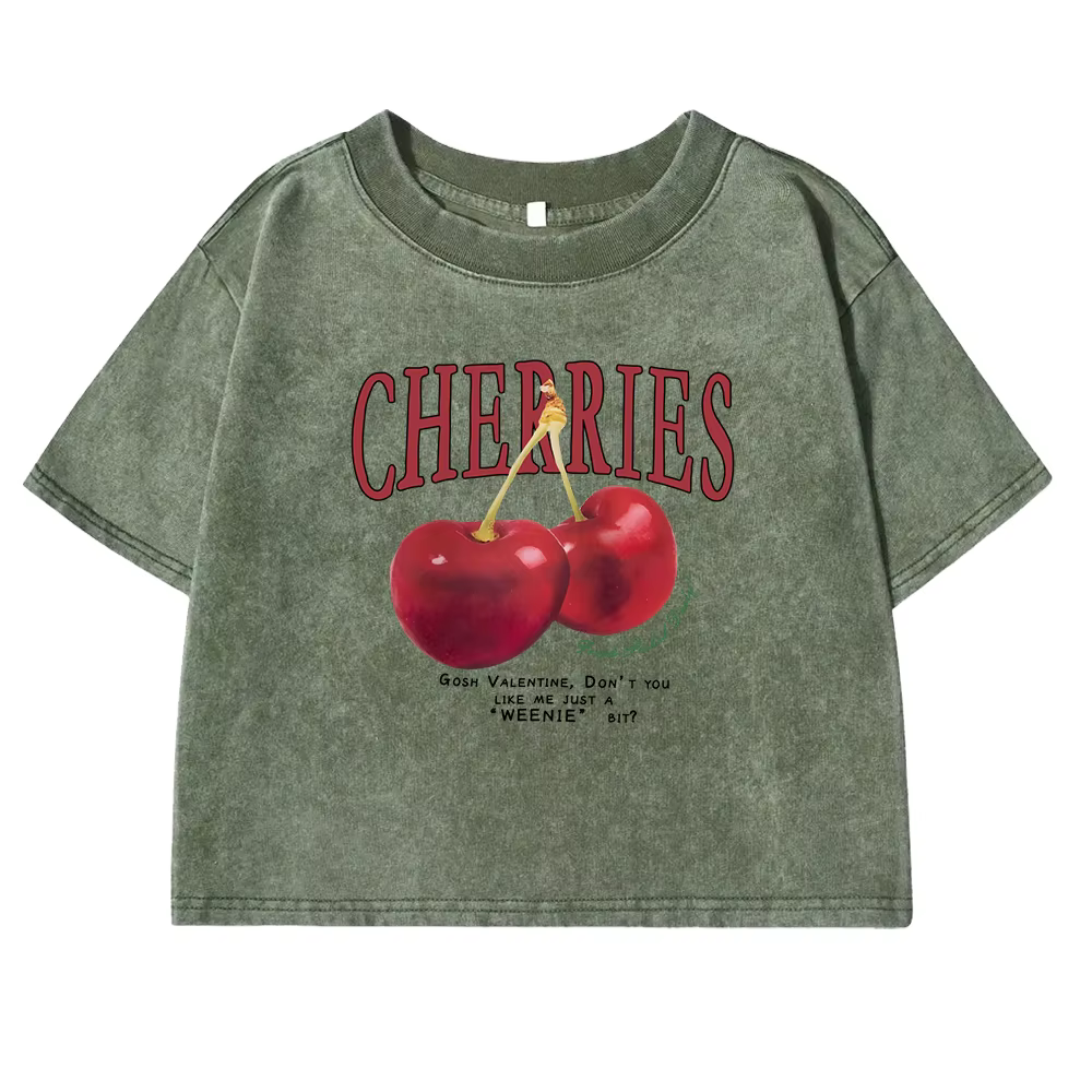 Cerises rouges lettre imprimé femme T-shirt mode été lavé vêtements décontracté coton haut court rétro t-shirts pour les femmes