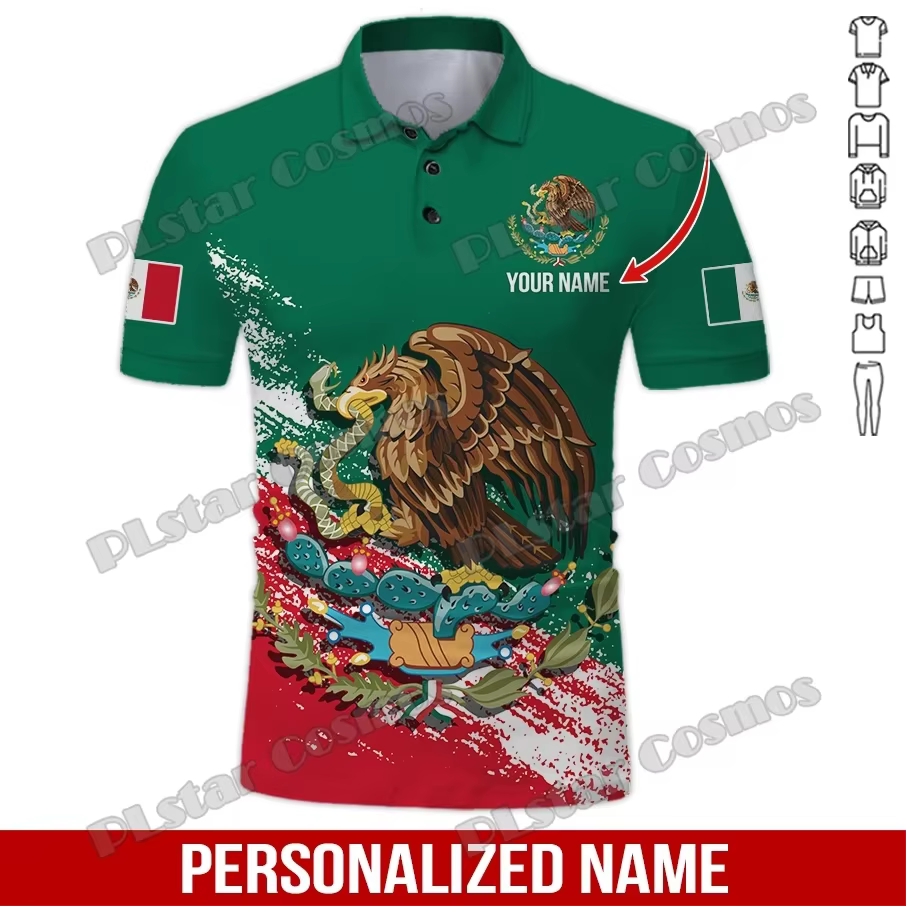 Nom personnalisé mexique blason 3D partout imprimé mode hommes Polo été décontracté unisexe à manches courtes