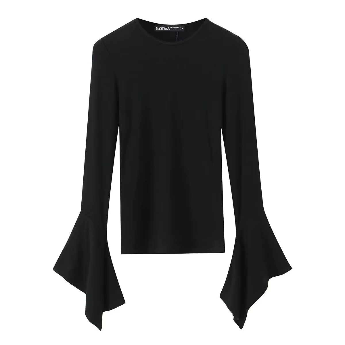 T-shirt noir à manches longues et col rond pour femme