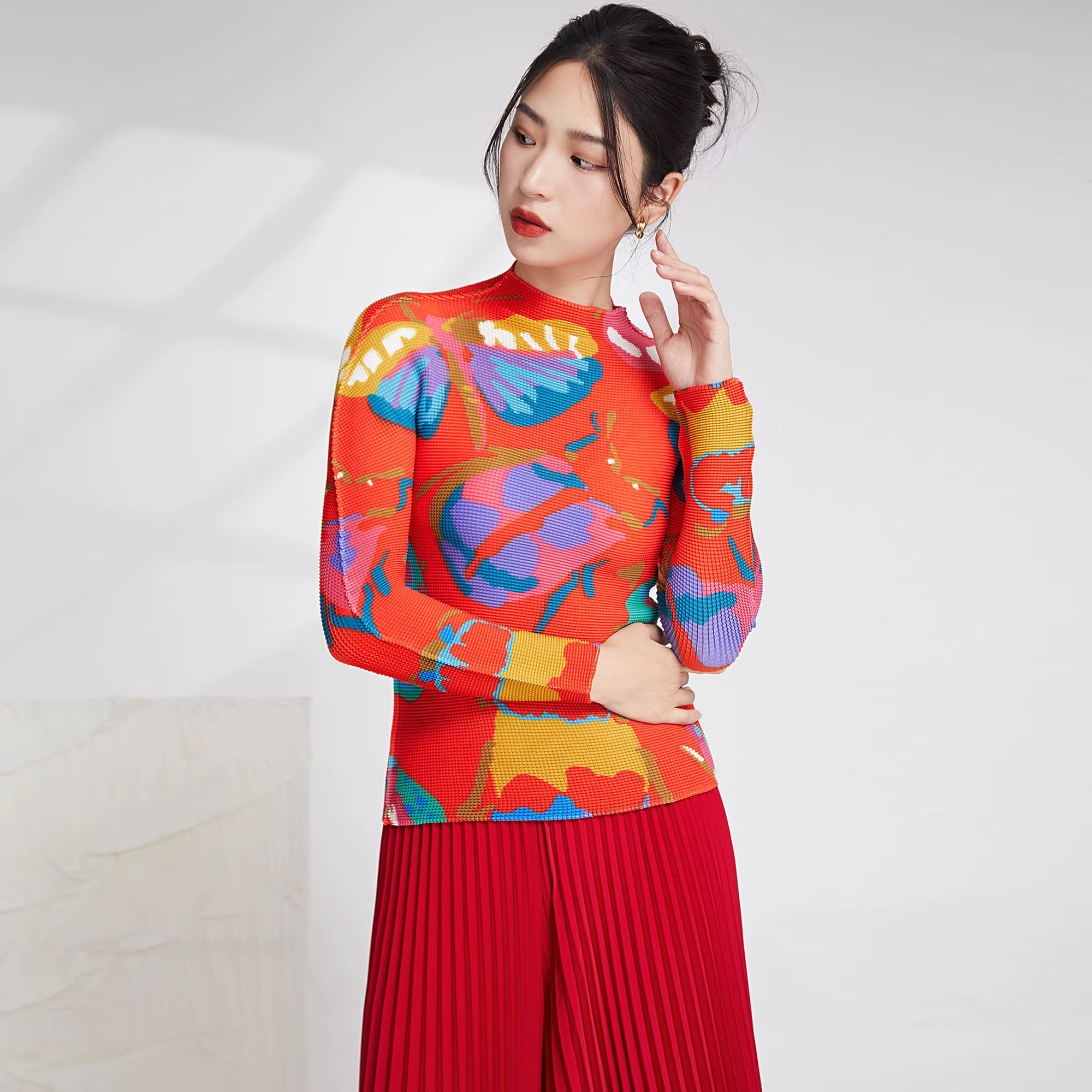 Vente chaude plissé artisanat haut femmes mode imprimé Blouse élastique à manches longues T-Shirt