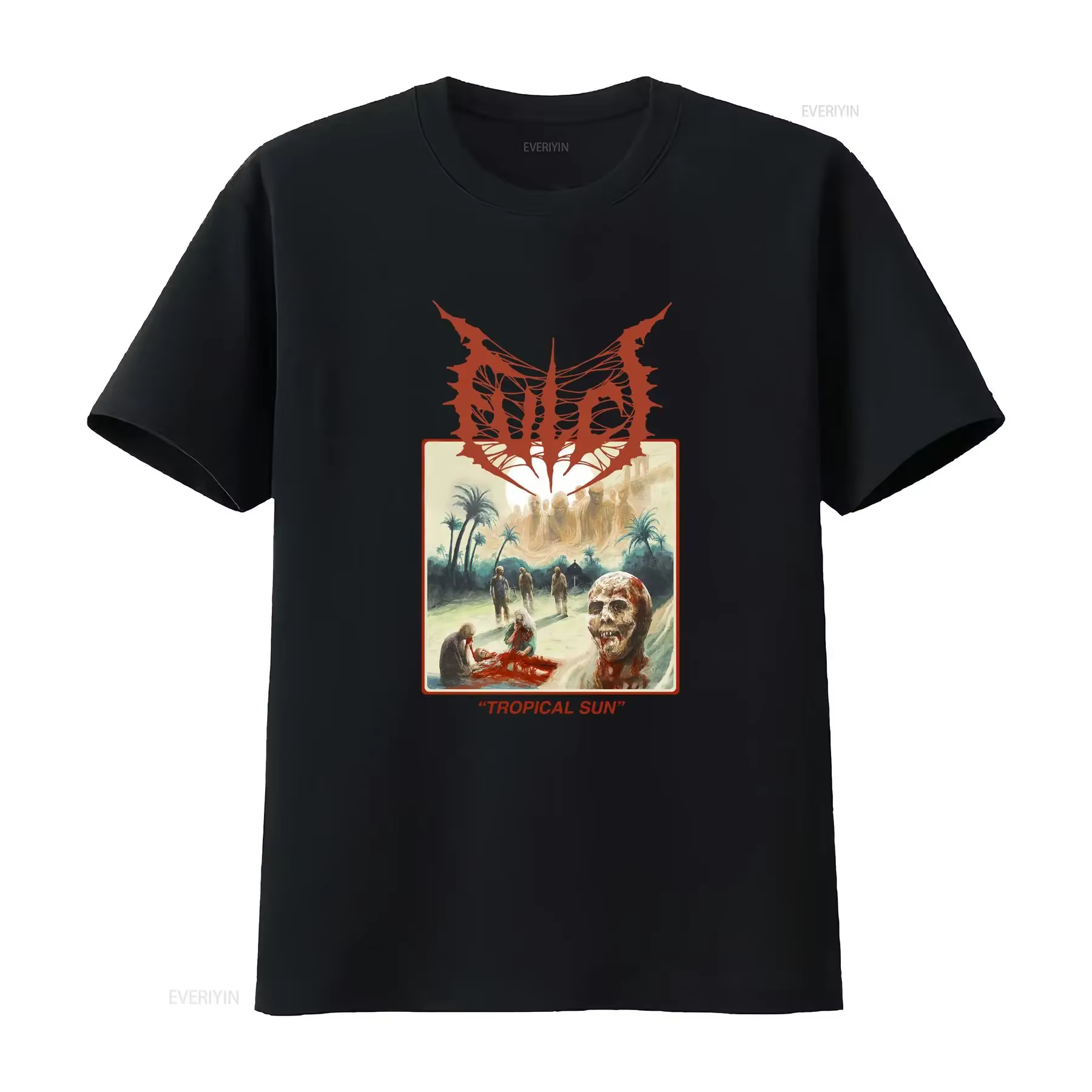 T-shirt unisexe Fulci blanc Tropical Sun couleur beige taille S à 3XL vintage lavé élégant vêtements graphiques stylés