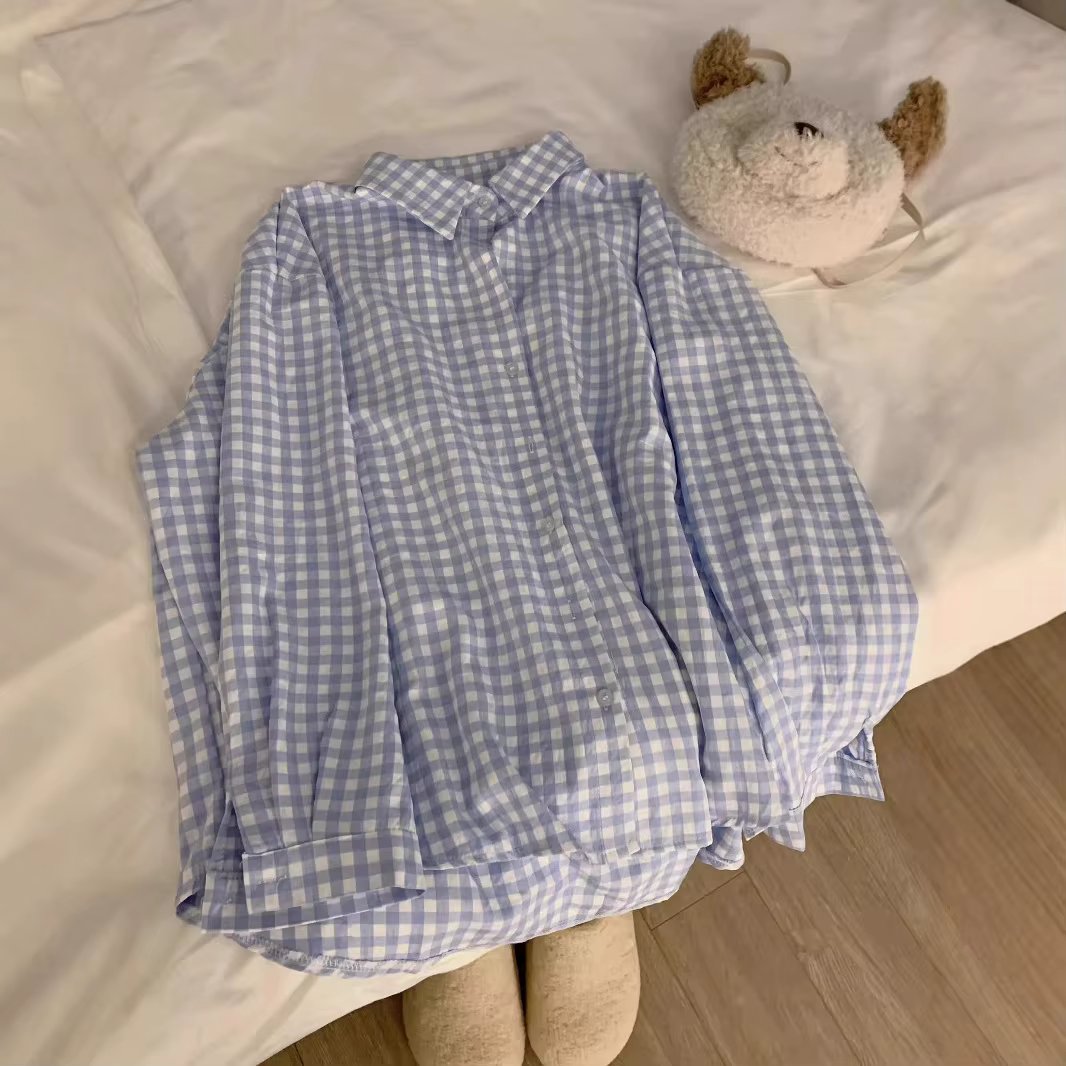 Chemise Femme à Carreaux Bleus Style Unique Français OOTD Printemps 2025 – Coupe Ample Polyvalente à Manches Longues et Col Polo pour le Quotidien