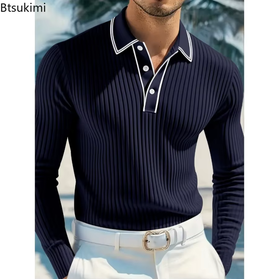 Nouveau Polo Tricoté à Manches Longues pour Homme